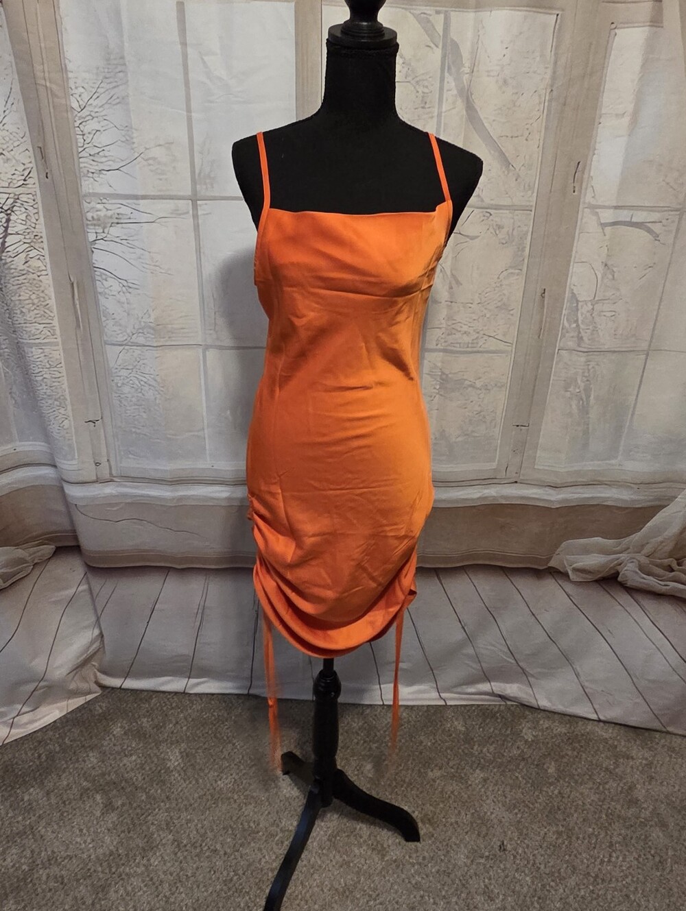 Satin Orange Spaghetti-Strap Mini Dress